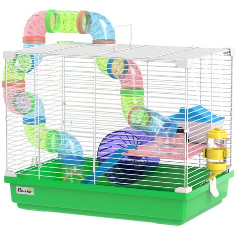 Cage hamster 2 étages avec tunnel, abreuvoir, roue, cabane, échelles 46x30x37 cm vert