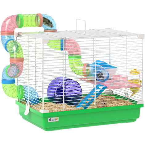 Cage hamster 2 étages avec tunnel, biberon, roue, maisonnette, échelles, 46x30x37 cm vert – habitat rongeur spacieux et amusant.