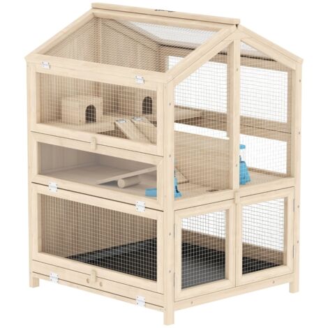 Cage Hamster 3 Étages en Bois avec Bac Amovible, Couvercle Ouvrant, 68x61,5x90cm,Naturel