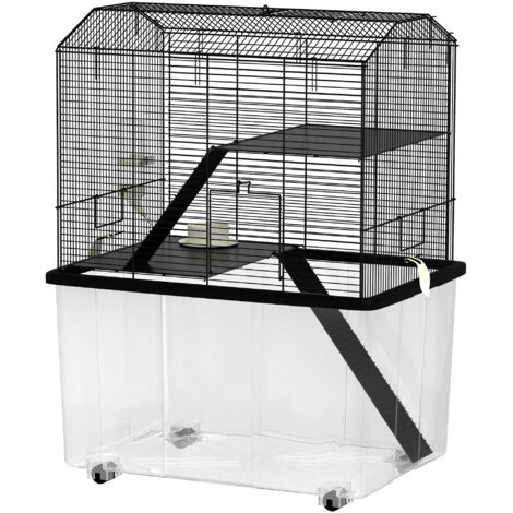 Cage hamster 3 étages roulant avec plateforme et échelle en fil d'acier noir 57x43x74 cm