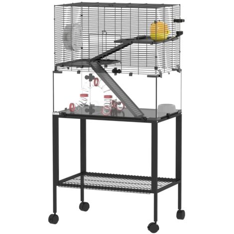 Cage hamster 3 niveaux noir 77x49x130.5 cm avec roue maison rampes accessoires complète acier