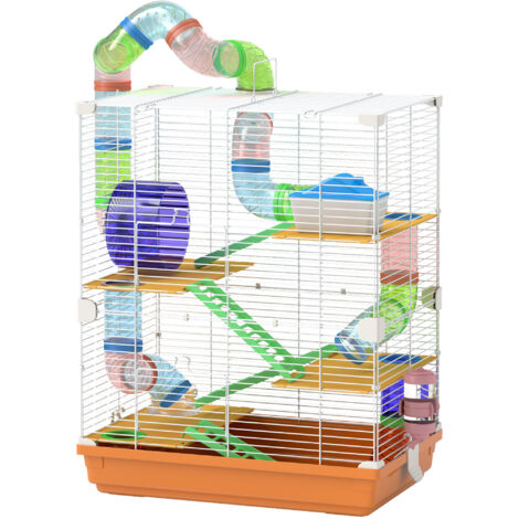 Cage hamster 5 niveaux avec tunnels, roue, mangeoire, échelles 46x30x58 cm orange