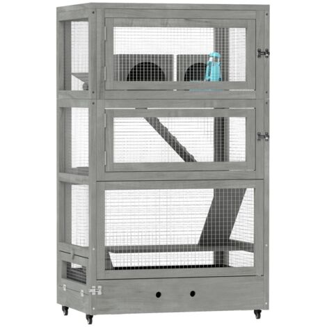 Cage Hamster 65x45x109cm - 4 Niveaux en Bois avec Abris, Bascule, Rampes, Roulettes et Verrou - Équipée, Grise