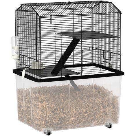 Cage hamster cage rongeur 3 étages avec roulettes plate-forme et échelle en fil d'acier 57 x 43 x 74 cm noir