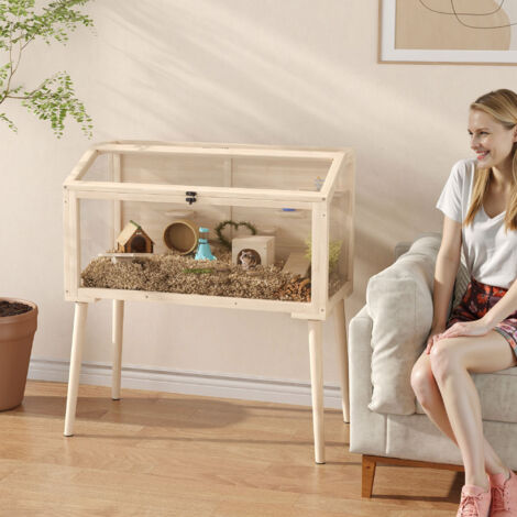 Cage hamster habitats pour rongeur bois FSC toit ouvrable 7 plateformes 2 balançoires 110x52x101cm effet bois naturel