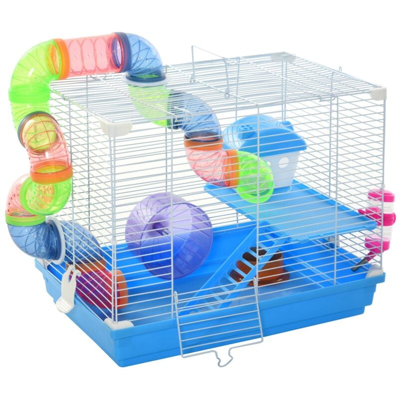 Pawhut - Cage à hamster rongeur 2 niveaux avec tunnel, biberon eau, roue, maisonnette, échelles - dim. 46L x 30l x 37H cm - métal blanc pp bleu