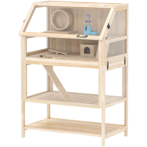 Cage hamster rongeur 3 niveaux panneau acrylique roue 80x53x117cm effet bois