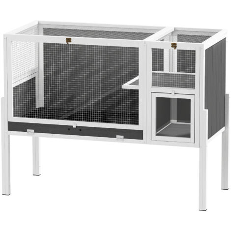 Cage intérieure surélevée pour lapins et hamsters, gris, avec tiroir amovible et toit ouvrant