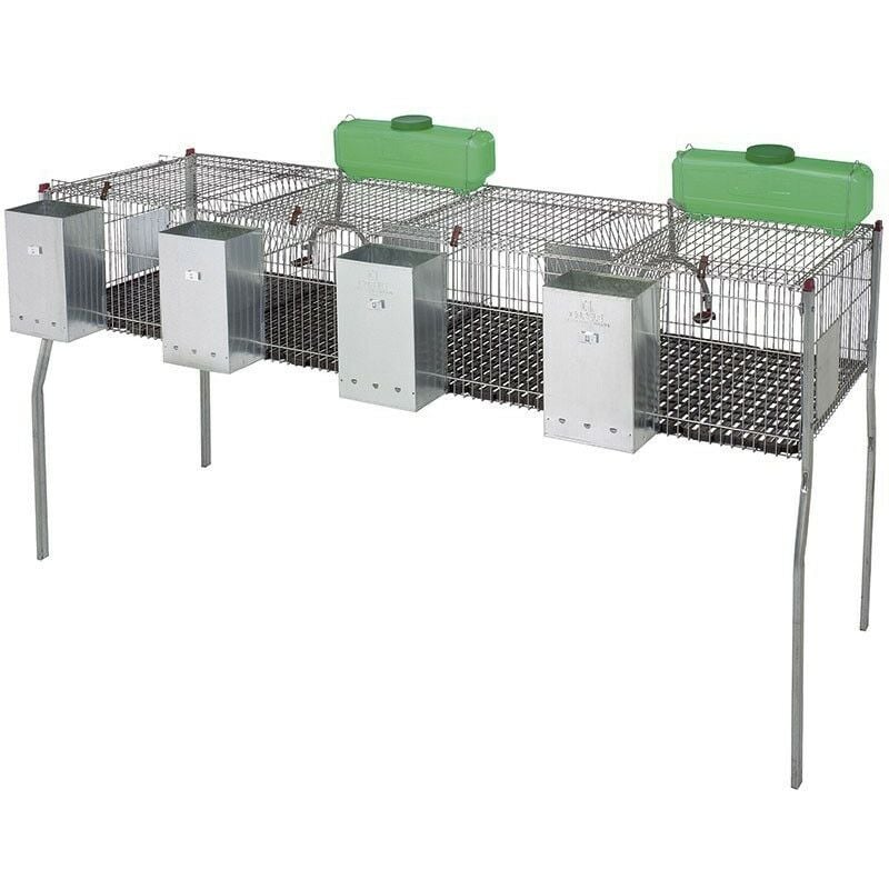 Suinga - Cage à lapin 4 compartiments sol plastique 200 x 62 x 99 cm équipée de trémies et d'abreuvoirs