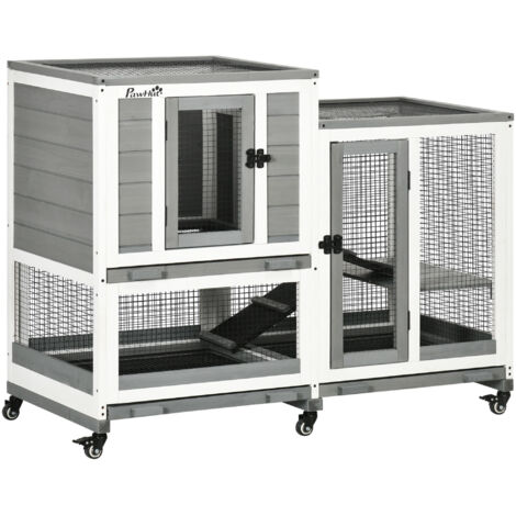 Cage lapin bois luxe 3 niveaux clapier intérieur design avec plateaux amovibles 110x50x86 cm gris, habitat spacieux pour rongeurs, facile nettoyage.