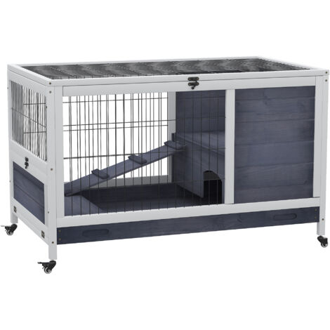 Cage lapins cochons Inde clapier lapin 4 roues maison rampe plateau amovible bois naturel gris blanc 90x53x59 cm