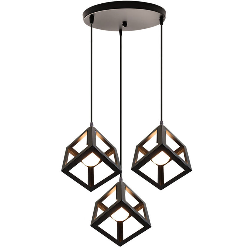 Lustre Suspension Industrielle E27 Lampe de Plafond en Métal Lustre Abat-jour 3 Lampes pour Chambre Salon Restaurant - Noir