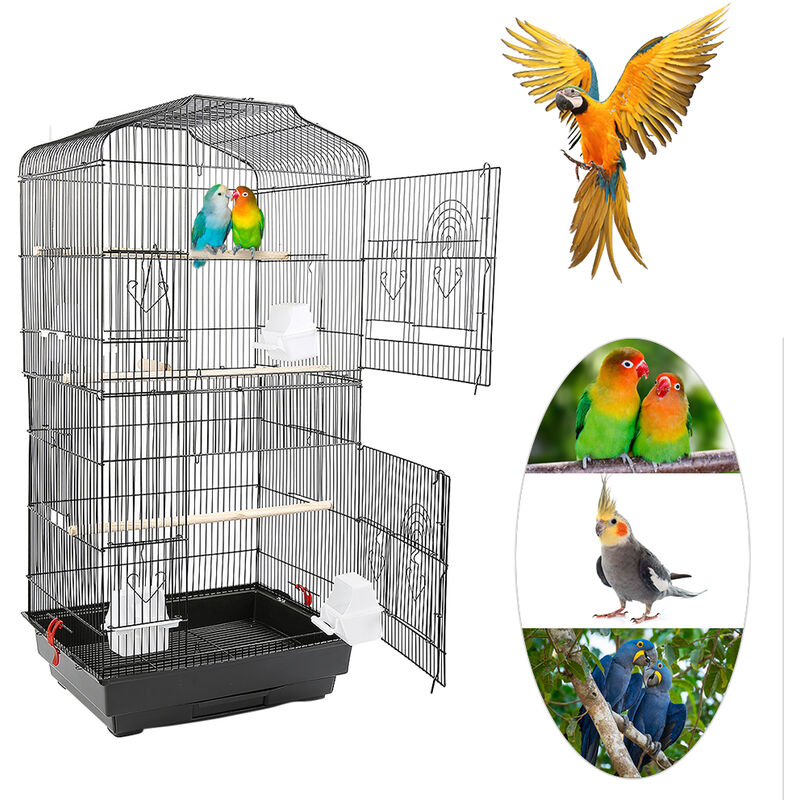 Grande Volière pour Oiseaux Cage en Méta pour Canaries Perroquet Perruches Canaris avec 4 Mangeoires, 3 Perchoirs, 92cm, Noir