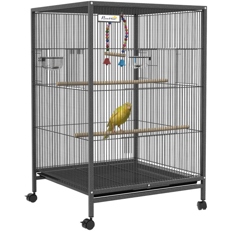 Cage oiseau sur pied - PawHut - sur roulettes - avec balançoire, perchoirs, portes, bols et plateau coulissant - 48x46x74cm - noir
