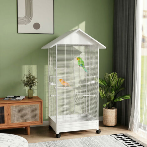 Cage oiseau sur pied volière oiseaux intérieure sur roulettes 2 mangeoires 8 perchoirs 79 x 65 x 155 cm fil d'acier blanc