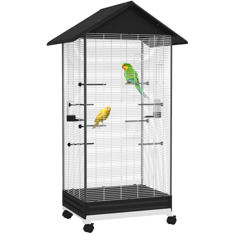 Cage oiseau sur roulettes - grande volière - plateau dejection amovible, mangeoires, perchoirs, portes - blanc noir