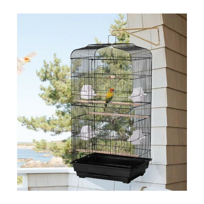 Cage à Oiseaux 46 x 35,5 x 99 cm sans Jouets Poignée Portable 4 Mangeoires 3 Perchoirs Cage pour Perruche Calopsitte Conure Pinson Canaris Noir