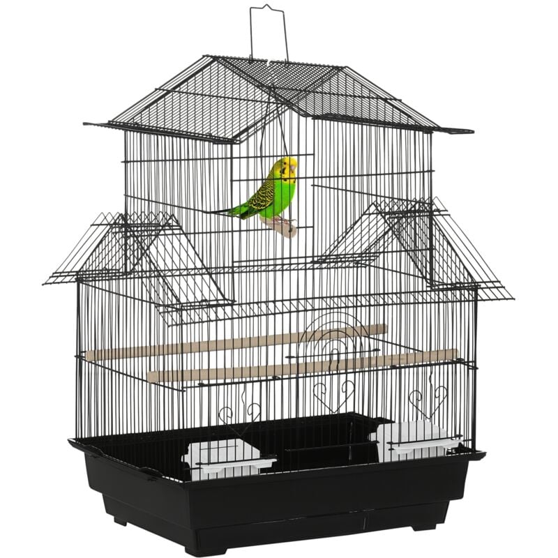 Cage à oiseaux design maison perchoirs mangeoires balançoire 3 portes plateau excrément amovible + poignée transport métal noir