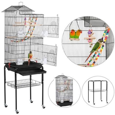 Cage Oiseaux Portable Poignée Volière avec Toit Équipé 3 Perchoir en Bois 4 Mangeoires 46*35.5*158.5cm (Noir)