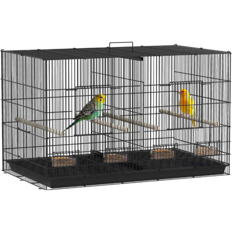 Cage oiseaux séparateur étagère inférieure stockage acier PP 4 perchoirs 4 mangeoires 94x57x57 cm noire