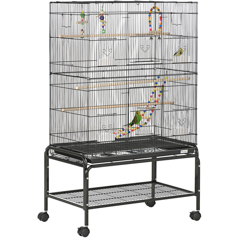 Pawhut - Cage à oiseaux sur roulettes - étagère, plateau déjection, 3 perchoirs, 4 mangeoirs, 2 portes, 8 trappes, accessoires - acier noir
