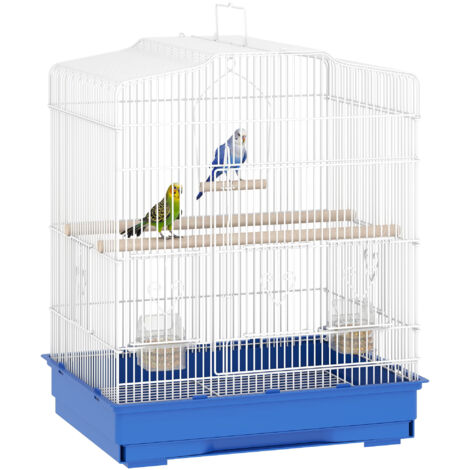 Cage oiseaux volière acier 2 mangeoires 2 perchoirs balançoire poignée plateau amovible, 46,5x36x59 cm, bleu