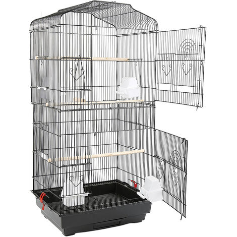 Cage Oiseaux Volière Oiseaux avec Poignée Portable, avec Feeder Drinker et 3 Jouets Poignée, Perchoirs Cage pour Perruche Calopsitte Conure Pinson Canaris, Noir 46x36x92cm