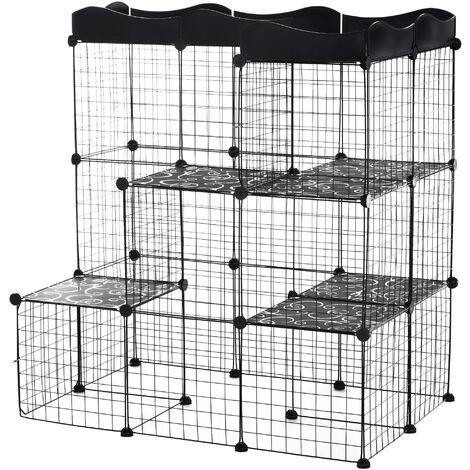 PAWHUT Cage parc enclos chat modulable dim. L105 x l70 x H105 cm 3 niveaux 2 portes rampe plateformes PE motif graphique fil métallique noir