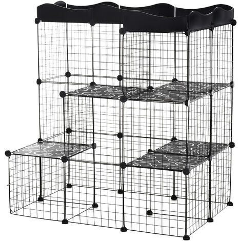 Cage parc enclos chat modulable dim. L105 x l70 x H105 cm 3 niveaux 2 portes rampe plateformes PE motif graphique fil métallique noir - Noir