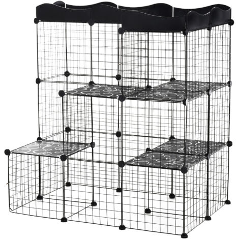 Cage parc enclos petits animaux modulable 3 niveaux, 105x70x116 cm, noir