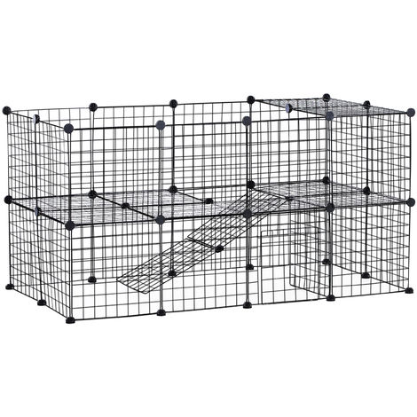 Cage parc enclos pour animaux domestiques L 146 x l 73 x H 73 cm modulable 2 niveaux 36 panneaux bords arrondis fil métallique noir - noir