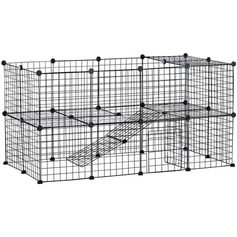 main image of "Cage parc enclos pour animaux domestiques L 146 x l 73 x H 73 cm modulable 2 niveaux 36 panneaux bords arrondis fil métallique noir - noir"