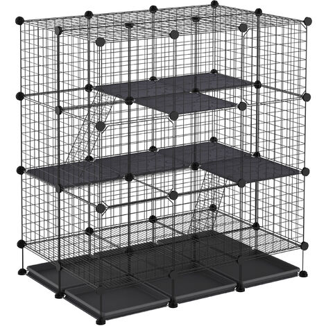Cage parc enclos rongeurs modulable dim. L 111 x l 75 x H 119 cm 3 niveaux 4 portes fil métallique noir - Noir
