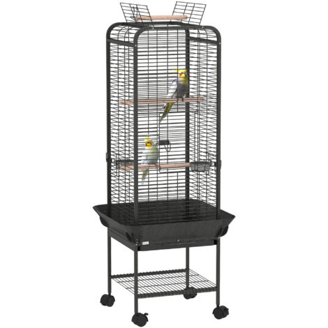 Cage perroquets roulettes perchoirs étagère plateau amovible, 62,5x62,5x146 cm, gris foncé