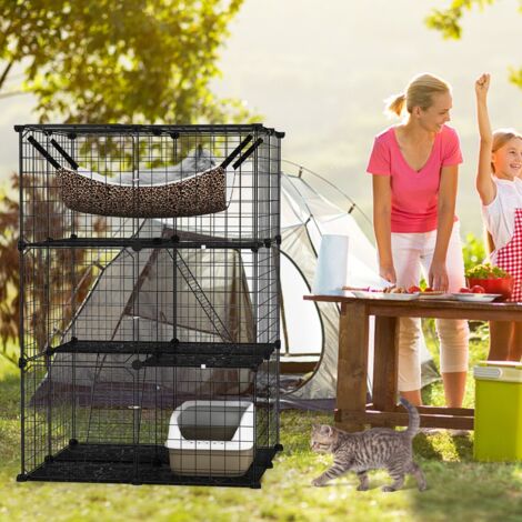 Cage pour Animaux à 3 Niveaux Grande Cage pour Animaux de 107 cm avec Hamac Confortable 2 Echelles 3 Portes et 1 Fenêtre Noir