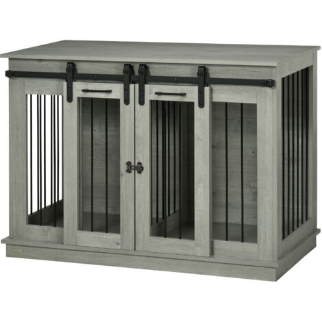 Cage pour chien 2 portes, boîte de transport chien, chenil design rustique, verrouillable, gris