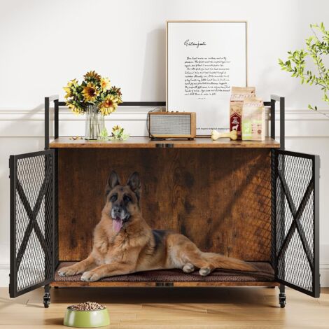Cage pour Chien 79x52x73cm Meuble Cage Chien en Bois Moderne Interieur Multi-usages avec Double Porte et Cubes de Stockage pour Chiens Grande/Moyenne Taille Jusqua, Marron Rustique