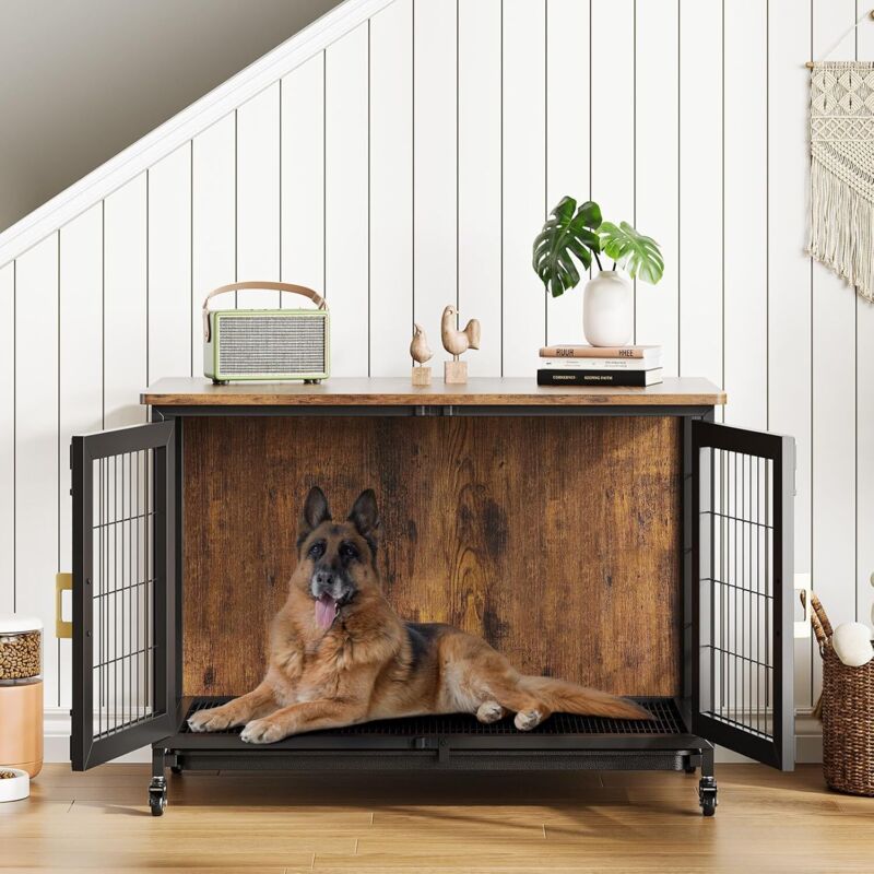Cage pour Chien 95x56x65cm Meuble Cage Chien en Bois Moderne Interieur Multi-usages avec Double Porte pour Chiens Grande/Moyenne Taille Jusqua,