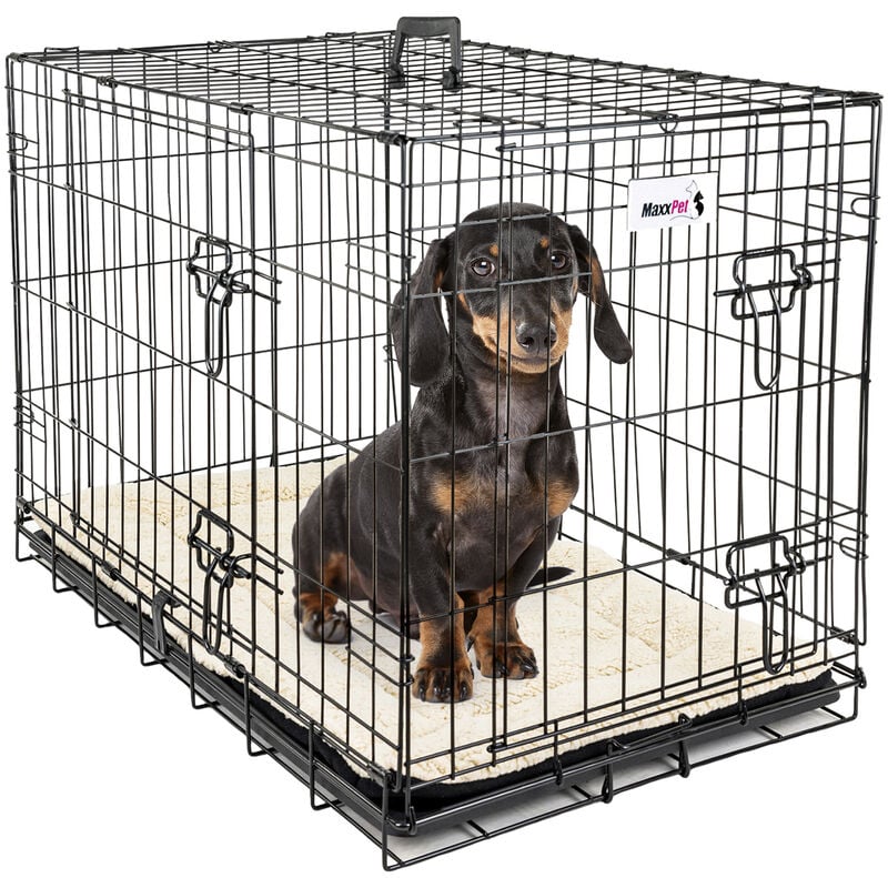 Cage pour Chien 76x48x53 cm - Avec Coussin - Avec poignée - Caisse de transport pliante - 2 Portes - Noir - Maxxpet