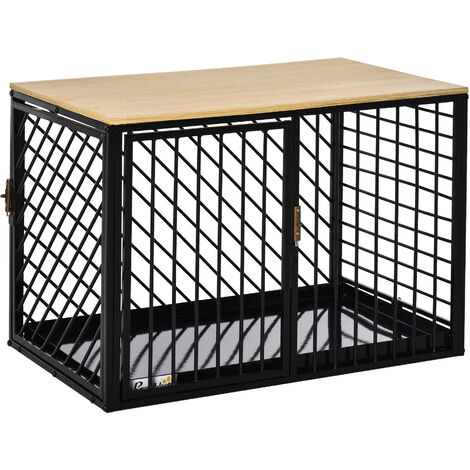 Cage pour chien animaux dim. 76L x 48l x 53H cm 2 portes verrouillables métal panneau multicouche chêne clair