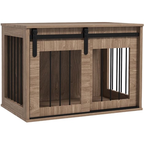 Cage pour chien animaux style indisutriel - porte coulissante verrouillable - acier noir panneaux aspect bois