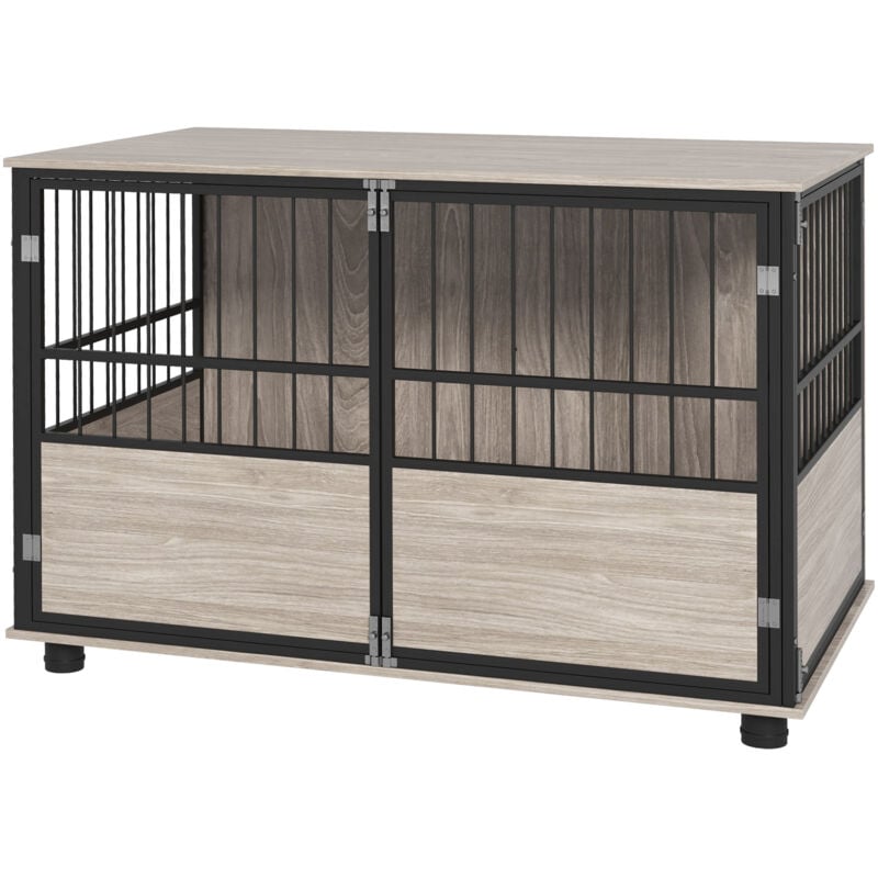 Cage pour chien animaux style industriel - porte coulissante verrouillable - acier noir panneaux aspect bois