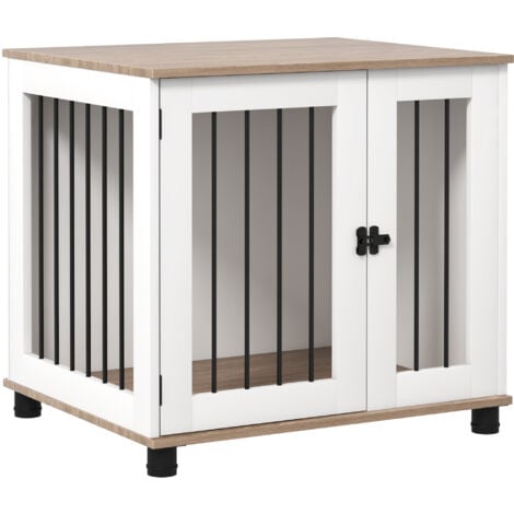 Cage pour chien animaux sur pied - porte verrouillable - acier noir panneaux blanc chêne clair