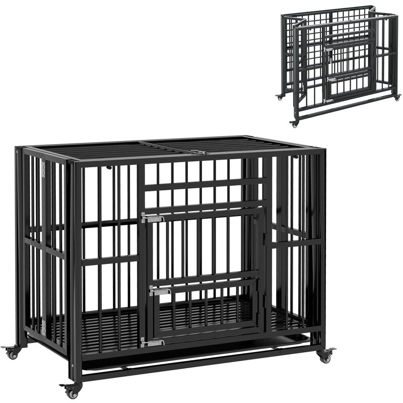 Cage pour chien animaux cage de transport sur roulettes pliable 3 portes verrouillables plateau amovible acier noir
