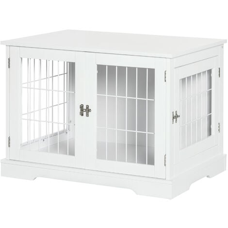 Cage pour chien animaux table d'appoint 2 en 1 - 2 portes verrouillables - dim. 76L x 54,5l x 56H cm - MDF acier blanc