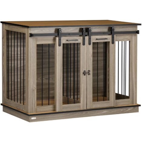 Cage pour chien d'appartement, 120 cm (L) x 60 cm (l) x 88,5 cm (H), avec 2 portes, niche pour chien de taille moyenne, en chêne.