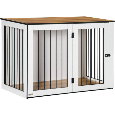Cage pour chien d'intérieur, pour petits/moyens chiens, portes verrouillables, panneau de particules, 106x60x76cm, Noyer foncé+Blanc