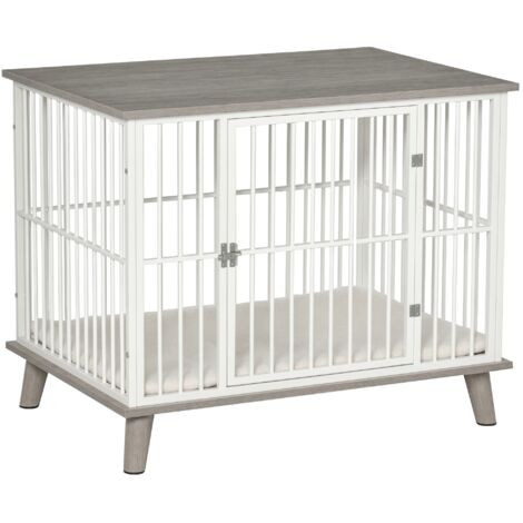 Cage pour chien en bois et acier avec coussin 86 x 60 x 70 cm blanc et gris