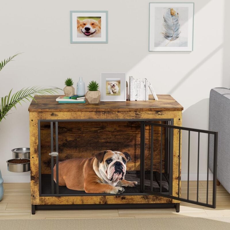 Tlgreen - Cage pour Chien Interieur,93x64x58cm,Cage de Transport pour Animaux,Maison pour Chien,Caisse pour Chien avec 2 Gamelles et Portes,Jusqu'à