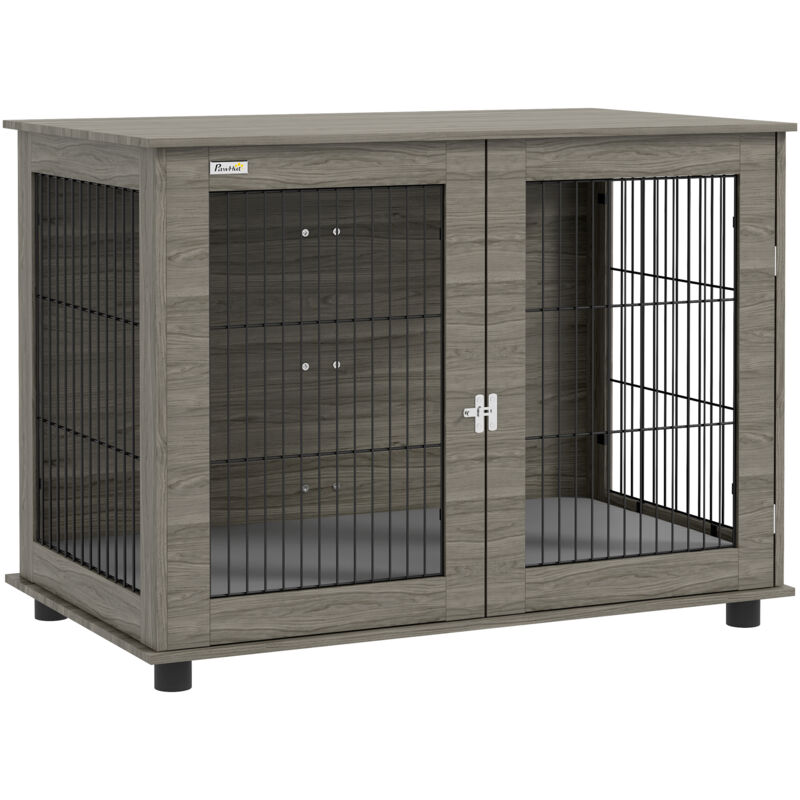 Pawhut - Cage pour chien intérieure dim. 100L x 60l x 73,5H cm - porte verrouillable, coussin déhoussable - acier noir aspect bois gris